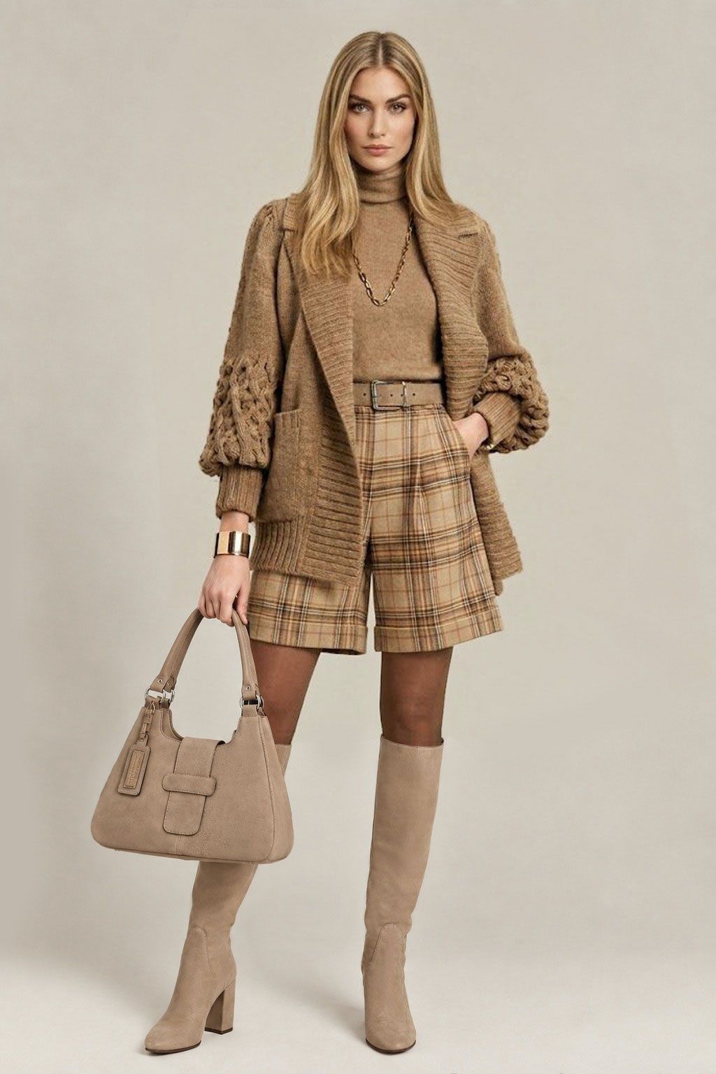 Women's sand custom-made classic knee-high boots with round toe and high block heel- Top view